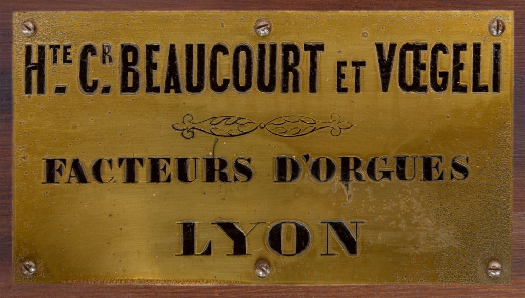 Plaque des facteurs d'orgues Beaucourt & Vœgeli